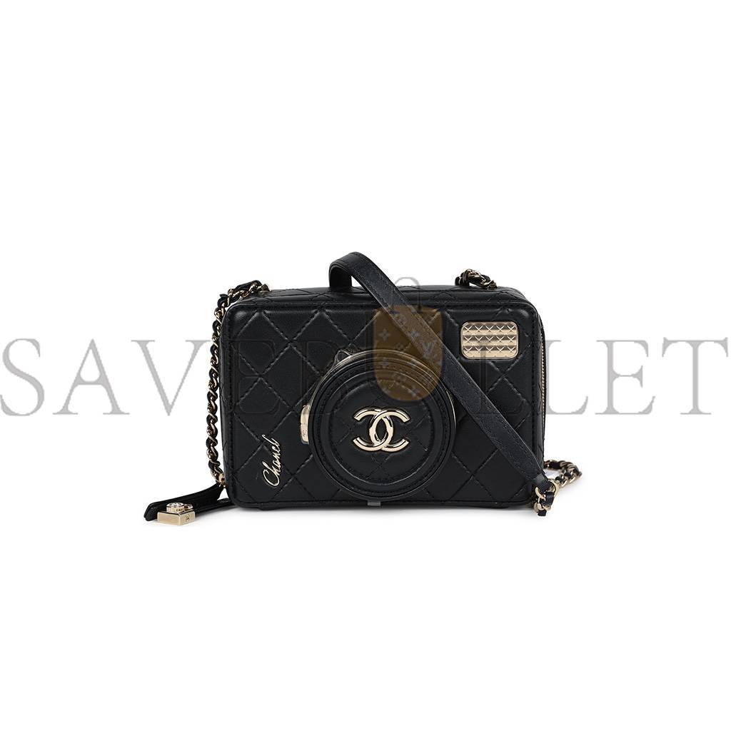 CHANEL MASTER CAMERA BAG BLACK LAMBSKIN LIGHT GOLD HARDWARE AS4817 (16*11.5*6cm)